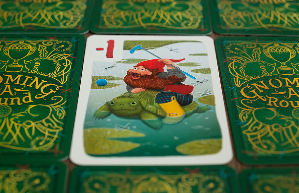Portrait Photo of Gnome Riding a Turtle Representing Gnoming a Round at Grandpa Beck's Games
